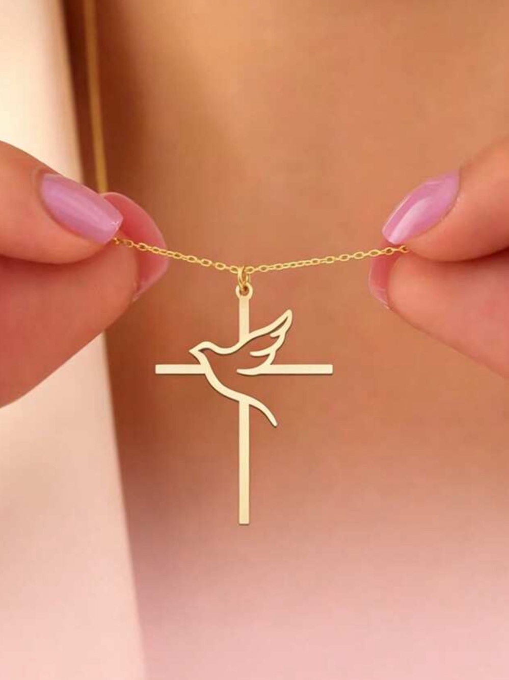 Stainless Steel gold color Cross And Dove‎ Necklace, Faith Pendant